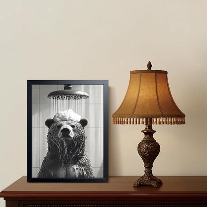 XYHYRA Funny Bear Bathroom Wall Art, Black and White Animal Shower Canvas Print Picture, Cute Bear Taking Bath Poster, Modern Farmhouse Bathroom Restroom Home Wall Decor 12x16 inch Wood Framed