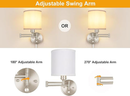 Plug in Wall Sconces with Remote Control, Dimming & Adjustable Colors 2700K-6500K, Hardwire or Plug-in, Swing Arm Wall Lamp with White Fabric Shade, Wall Sconces Set of Two, Brushed Nickel Finish