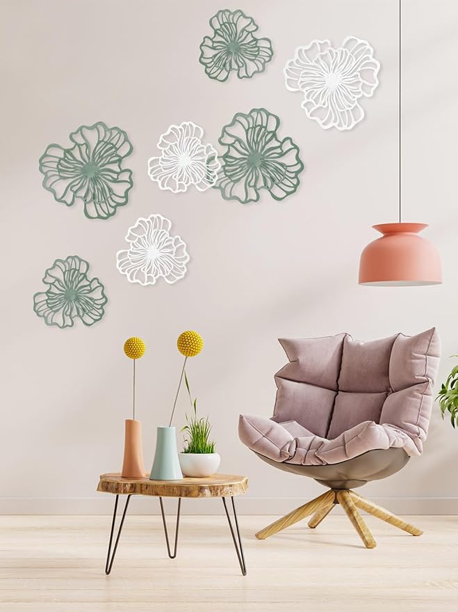 7 Piece Metal Wall Decor for Living Room, Boho Double Layered Iron Flower Wall Hanging Art, Aesthetic Indoor Metal Wall Sculpture Decor for Bedroom Kitchen Bathroom Farmhouse Home Office, Green-White