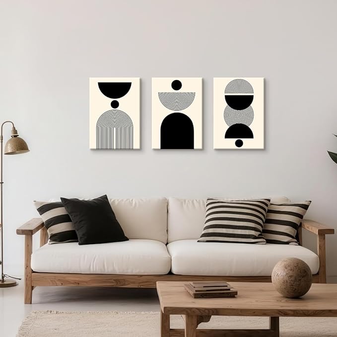 WENGTIAO 3Pcs Boho Abstract Canvas Wall Art,Neutral Minimalist Geometric Line Wall Painting Mid Century Beige Black Art Modern Prints Bohemian Home Decor for Bedroom Living Room Hallway Office 16"X24"x3