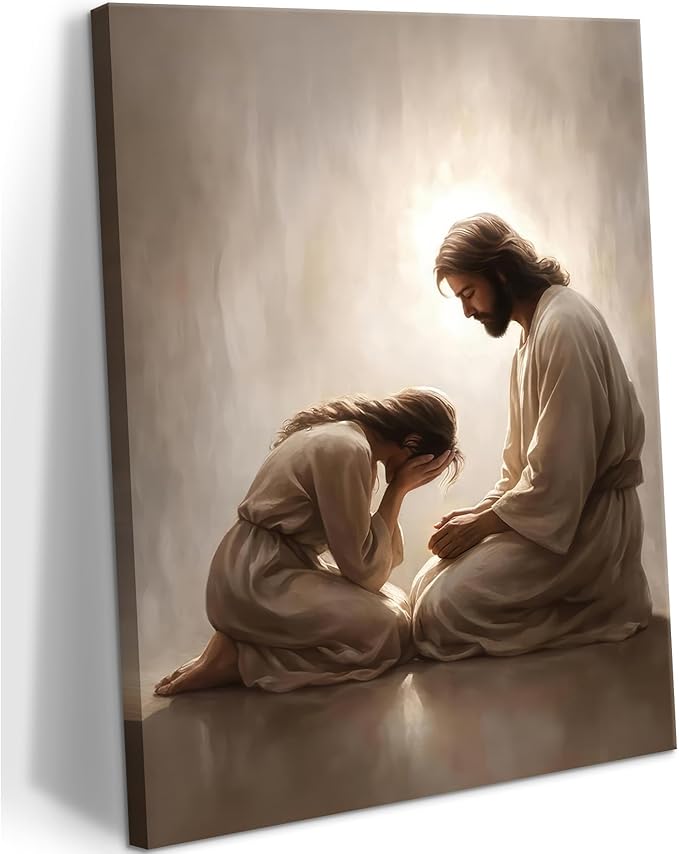 Jesus and Woman Canvas Wall Art Christian Repentance and Forgiveness Painting picture Wall Decor religion Bible Stories Poster Print Artwork for Church LDS bedroom Living Home Decor 16x24 in Canvas