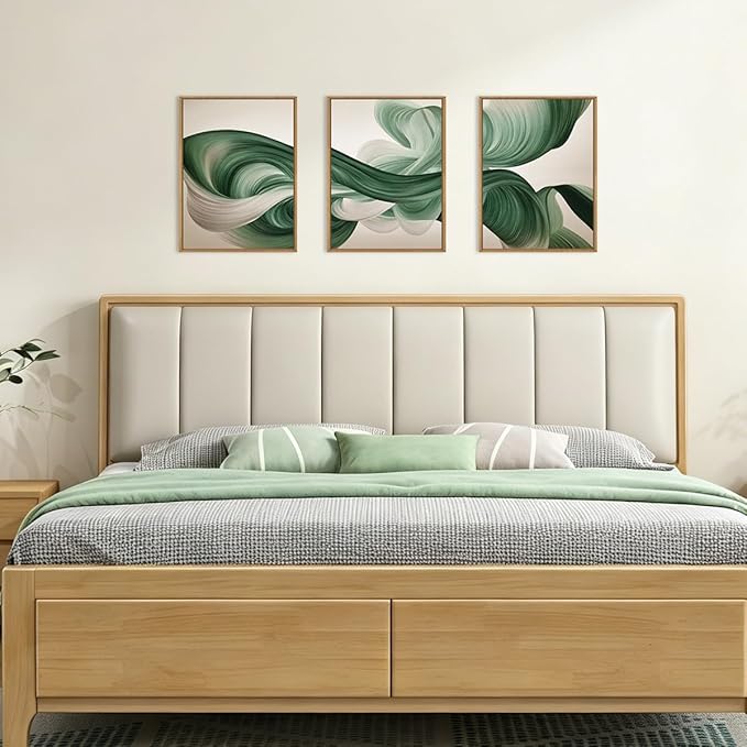 KAIRNE Green Abstract Framed Canvas Wall Art Set,Minimalist Green Lines Wall Decor,Modern Flowing Texture Art Prints,Neutral Smokes Waves Artwork for Living Room,Bedroom,Farmhouse,Office-12 x16 x3