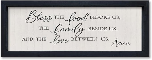 comurdyo Modern Religious Holy Dining Room Bless the Food Before Us Prayer Sign Wall Decor 16"×6" Framed Wood for Small Rustic Minimalist Christian Catholic Kitchen Wall Art Hanging (Black)