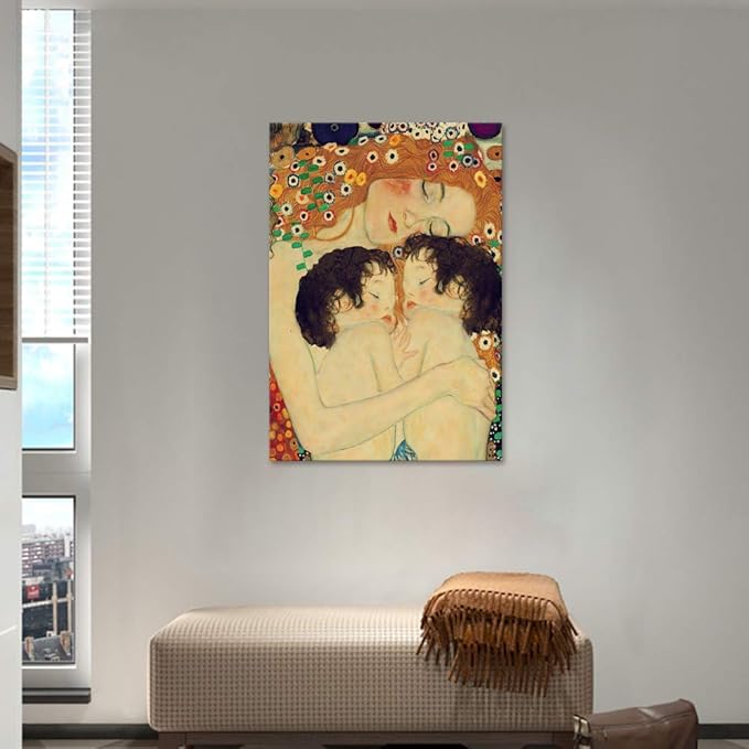 Mother Love Twin Baby Canvas Paintings Wall Art Decor for Living Room Gustav Klimt Nordic Style Posters Printing Pop Art Pictures Stretched and Framed Ready to Hang Home Decoration(24''W x 36''H)
