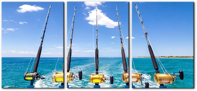 3 Pieces Canvas Wall Art Row of Five Fishing Rod and Reel Pictures Blue Seascape Wall Paintings for Living Room Bedroom Fishing Tackle Artwork HD Prints Modern Home Decor Framed - 20"x28"x3 Panel
