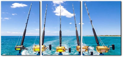 3 Pieces Canvas Wall Art Row of Five Fishing Rod and Reel Pictures Blue Seascape Wall Paintings for Living Room Bedroom Fishing Tackle Artwork HD Prints Modern Home Decor Framed - 20"x28"x3 Panel