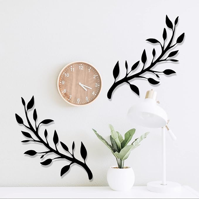 Yuzhuo 2 Pieces Metal Tree Leaf Wall Decor Branch Leaf Wall Art for Home Bedroom Living Room Iron Scroll Above The Bed Decorations (Black, L)