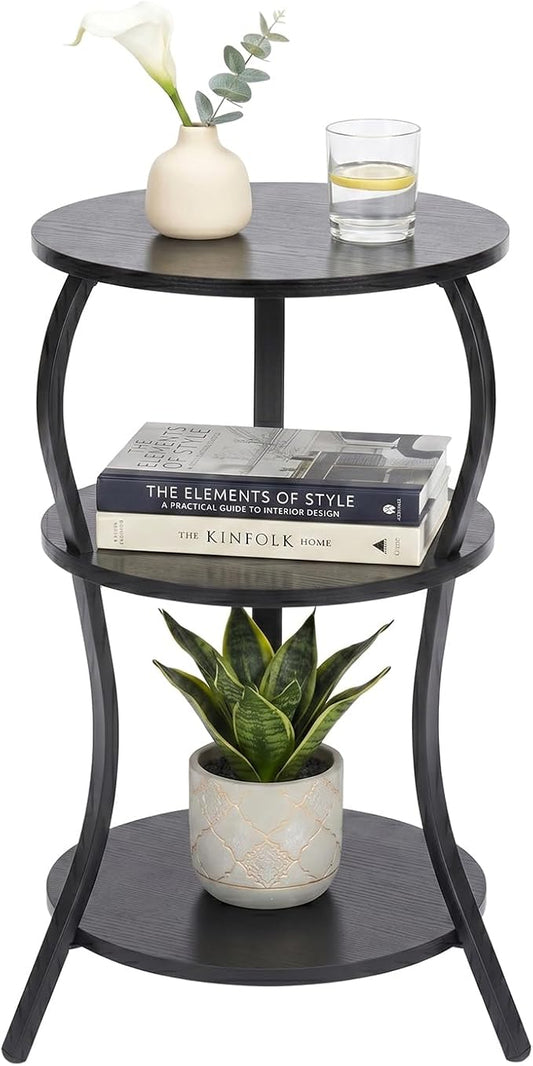 Vintage Small Round Side Table, 3-Tier Slim Waist Circular End Table with Storage Shelf, Compact Tea Sofa Side Table, Round Corner Coffee Table Nightstand for Living Room Bedroom Small Spaces,Black