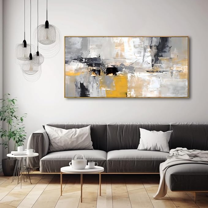 Wall Art Yellow Black White and Grey Modern Artwork for Living Room Bedroom Dining Room Home Office Decor 20"x40" with Framed