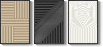 Framed Boho Black and White Abstract Wall Art, Set of 3 Piece Large Modern Neutral Minimalist Canvas Paintings Wall Decor Art Prints Pictures for Living Room, Bathroom, Dining, Office 16x24 Inch