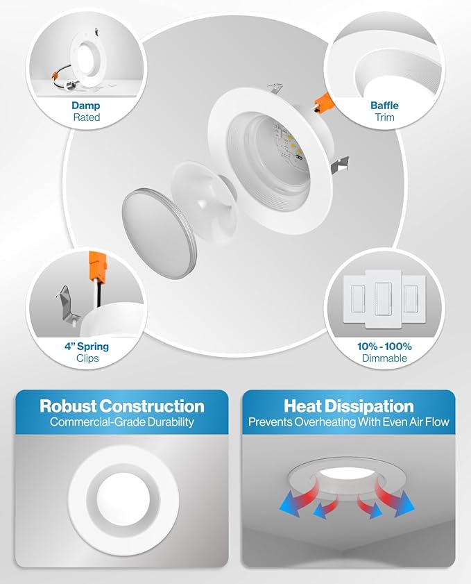 Sunco 10 Pack Retrofit LED Recessed Lighting 4 Inch, 3000K Warm White, Dimmable Can Lights, Baffle Trim, 11W=60W, 660 LM, Damp Rated - ETL.