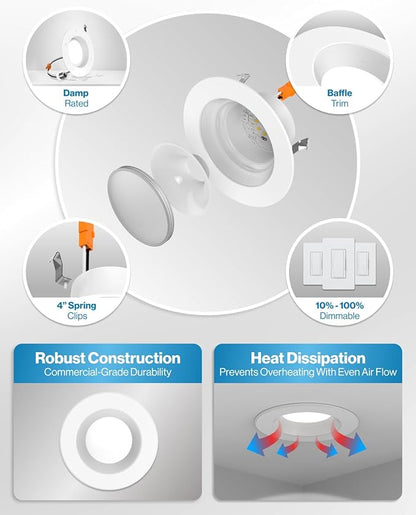 Sunco 10 Pack Retrofit LED Recessed Lighting 4 Inch, 3000K Warm White, Dimmable Can Lights, Baffle Trim, 11W=60W, 660 LM, Damp Rated - ETL.