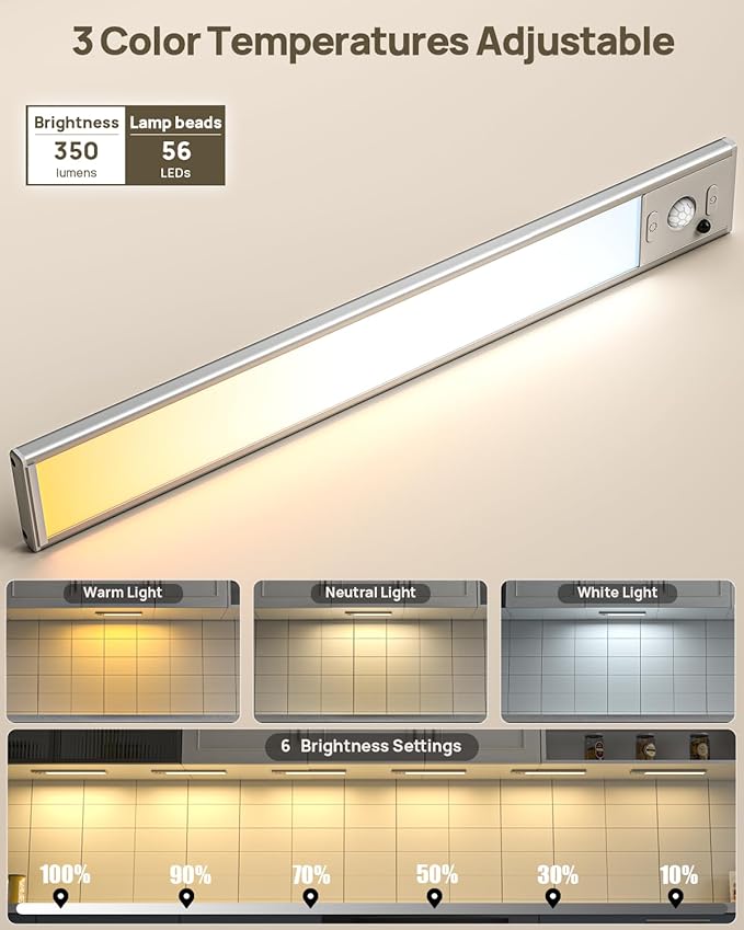 Under Cabinet Lighting with Remote, 12" Motion Sensor Light Indoor, Rechargeable LED Closet Light Wireless, 3 Color Temps & Dimmable, Magnetic Under Counter Lights for Kitchen, Stairs, Pantry, 3 Pack
