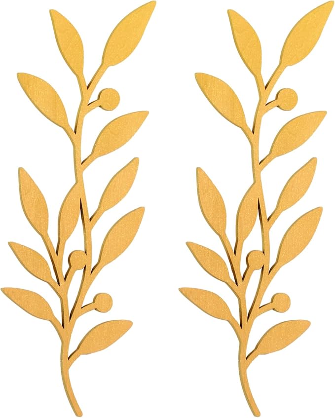 Zzbakress 2 Pieces Black Leaf Wall Decor Living Room, Wooden Vine Olive Branch Leaves Wall Decorations, Wooden Wall Art Decor For Hallway Bathroom Outdoor (Gold)