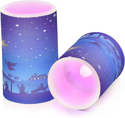 ALAZA Christmas Blue Nativity Scene Flickering Flameless Candles Battery Operated with Remote Timer,Tea Light Candles LED Pillar Votive Candles Set of 2 for Outdoor Indoor Decorations