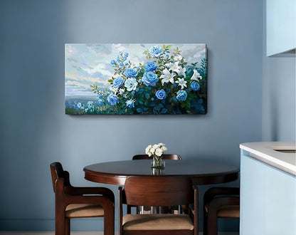 NiceTop 48x24 Inch Large Floral Canvas Wall Art, Waterproof Moisture Resistant Blue Rose White Lily Modern Botanical Artwork with Hanging Kit, Abstract Aesthetic Wrapped Canvas Print for Living Room, Bedroom, Bathroom, Boho Farmhouse Home Decor