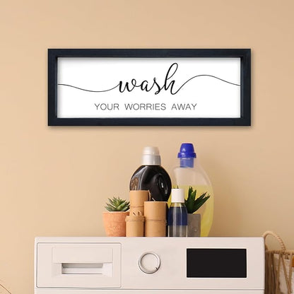 Wash Your Worries Away Sign Funny Laundry Room Wall Decor 16"×6" Rustic Bathroom Small Wooden Framed Wall Hanging Art (Black)