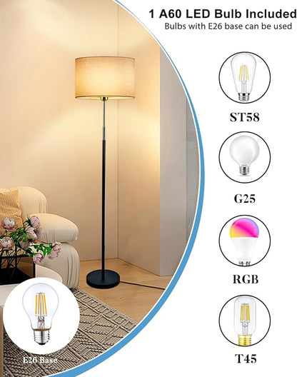 Lightdot 60IN LED Floor Lamp for Living Room, Mid Century Floor Lamps with 2 Color(Off-White, Red-Brown) Fabric Shades, Industrial Floor Lamps, Standing Tall Lamp for Bedroom, Home Office-Black