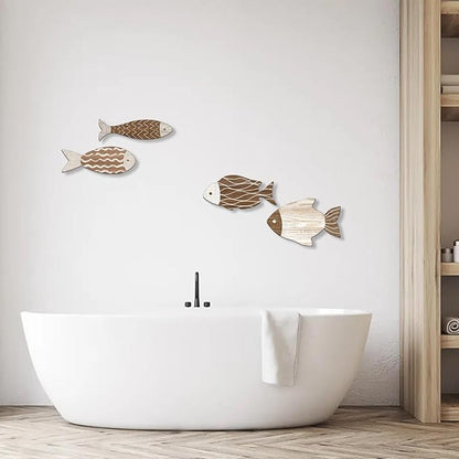 4 Pieces Wooden Fish Wall Decor Set, 12 Inch Coastal Wall Art for Bathroom, Beach House, Family Rooms - with Hooks & Adhesive Pads (Brown)