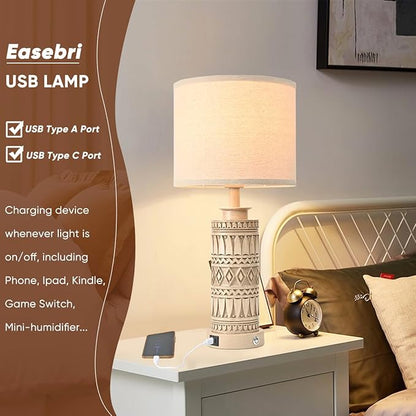 23IN Table Lamps for Living Room Set of 2 End Table Lamps Touch Control Table Lamp Dimmable Bedside Lamps USB A+C Ports Farmhouse Bedroom Lamp for Nightstand, Bulbs Included