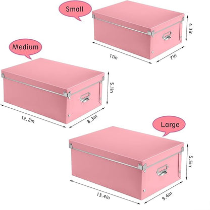 SEEKIND Storage Box, Decorative Storage Bins with Lid,3 in 1 Set,Plastic,with Handles,Press-Stud Fastening,Moisture-proof,Foldable for Space Saving Storage,for Clothes,Cosmetic,Blankets (Pink) … …