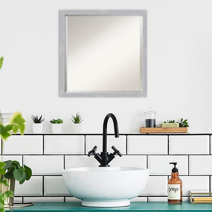 Amanti Art Silver Bathroom Mirror for Over Sink, 22x22 Grace Brushed Nickel Narrow Square Vanity Mirror, Medium Modern Frame, Hangs Horizonally and Vertically, Bathroom Wall Decor, Beveled Edge