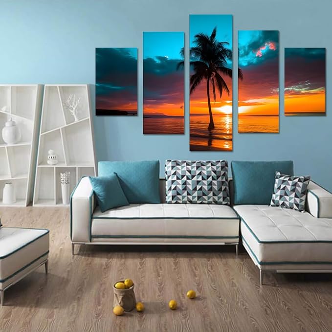 Yatsen Bridge 5 Piece Beach Sunset Canvas Wall Art Seascape Pictures Palm Trees Landscape Home Decor for Living room Bedroom Wall Decoration Framed Ready to Hang - 60''W x 40''H
