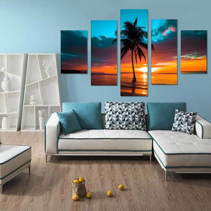 Yatsen Bridge 5 Piece Beach Sunset Canvas Wall Art Seascape Pictures Palm Trees Landscape Home Decor for Living room Bedroom Wall Decoration Framed Ready to Hang - 60''W x 40''H