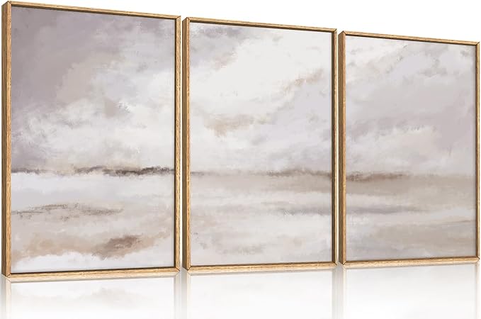 Large Neutral Abstract Framed Canvas Wall Art Set,Minimalist Gray and Beige Pastel Wall Decor,Modern Nature Misty Textured Art Painting for Living Room,Bedroom-24 x36 x3