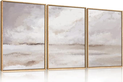 Large Neutral Abstract Framed Canvas Wall Art Set,Minimalist Gray and Beige Pastel Wall Decor,Modern Nature Misty Textured Art Painting for Living Room,Bedroom-24 x36 x3