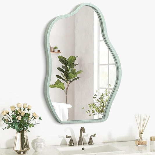 Irregular Wooden Framed Mirror for Wall Modern Artistic Asymmetrical Mirror Unique Shape Cloud Hanging Wall Mirrors Decor Bathroom Vanity Bedroom Living Room Entryway Hallway Green