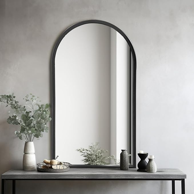 Dewfig Arched Wall Mounted Mirror, 42"x24", Arch Black Mirror for Bathroom Vanity, Living Room or Bedroom, Entryway, Hallway Wall Mirror, Farmhouse Decorative Mirror for Hanging, Black, Iron Frame