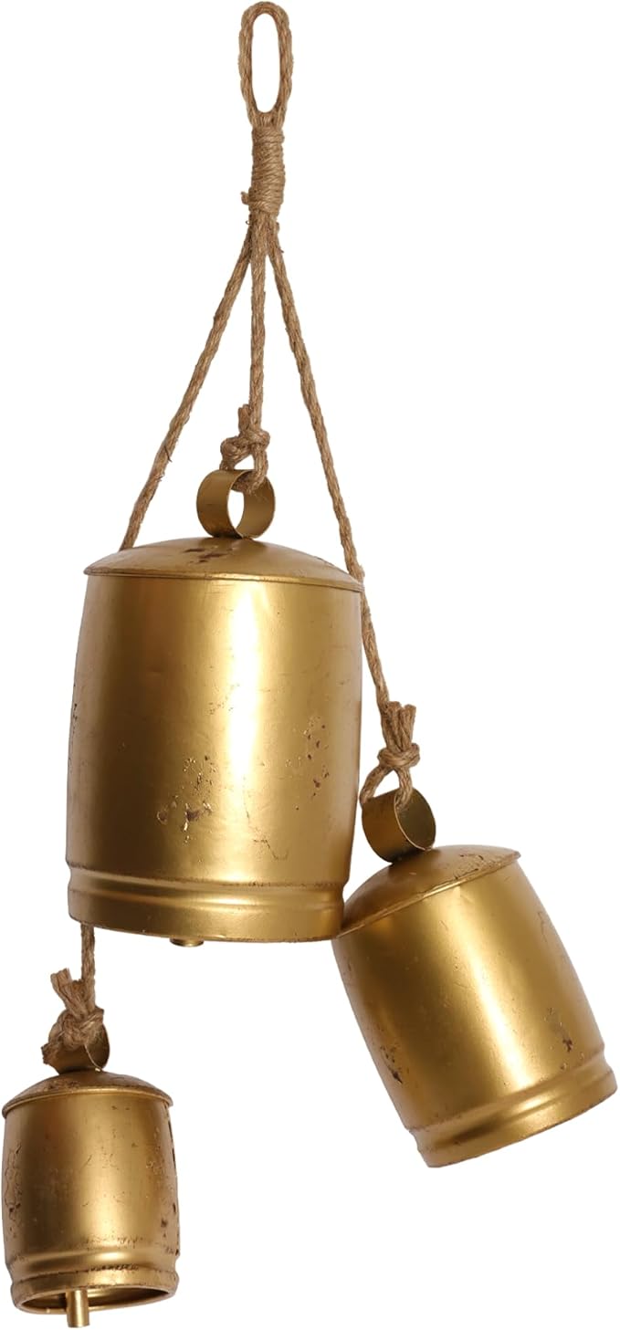 Vintage Gold Metal Cow Bells Set of 3 Handcrafted Hanging Bells with Jute Rope Rustic Farmhouse Distressed Bells for Porch Wreaths Walls & Year-Round Ranch Décor