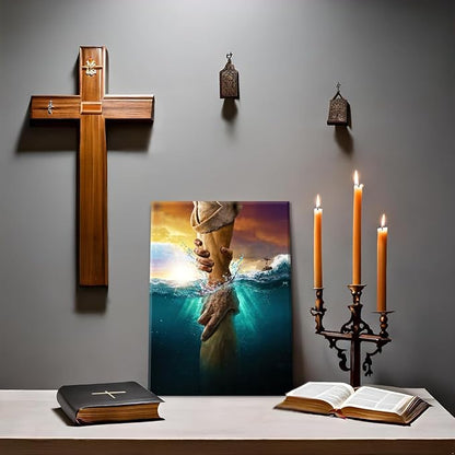 Jesus Christ Canvas Wall Art The Hand of God Jesus Reaching Into Water Christian Painting Prints Biblical Wall Decor Religious Room Decor for Church Living Prayer Bedroom Room Hospitals 24x36In canvas