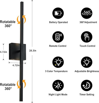 KARTOOSH 28.3 Inch Battery Operated Wireless Wall Sconce, 360° Rotatable Detachable Modern Wall Lamp with Remote Control Stepless Dimmable 3000K-6000K LED Light for Bedroom, Living Room Gallery Black