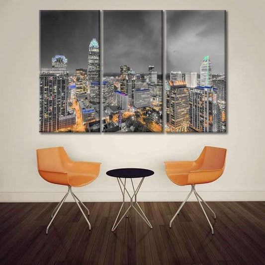 TUMOVO American Cityscape Canvas Paintings Wall Art Charlotte North Carolina Skyline Artwork Pictures Home Decor 3 Pieces Black and White Wall Art Posters and Prints Framed Ready to Hang (42" Wx28 H)