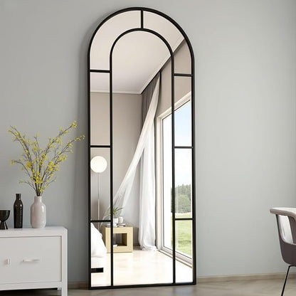 Prywot Full Length Mirror, 56"x22" Arched Window Pane Mirrors for Wall Decor, Black Full Body or Wall Mounted Mirrors, Farmhouse Standing Mirror Hanging or Leaning for Living Room, Entryway, No Stand