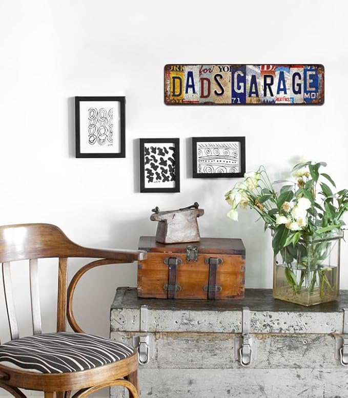Dad’s Garage Vintage Metal Tin Sign - Rustic Industrial Wall Art for Garage, Workshop, Man Cave, Tool Room Décor - 4x16 Inch