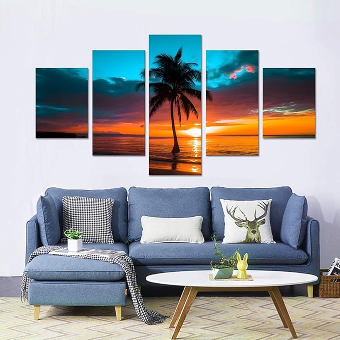 Yatsen Bridge 5 Panels Seascape Wall Art Beach Sunset Pictures Palm Trees Paintings on Canvas Artwork for Living Room Bedroom Home Decor Wooden Framed Ready to Hang - 60''W x 32''H