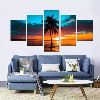 Yatsen Bridge 5 Panels Seascape Wall Art Beach Sunset Pictures Palm Trees Paintings on Canvas Artwork for Living Room Bedroom Home Decor Wooden Framed Ready to Hang - 60''W x 32''H