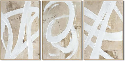 Zessonic Neutral Abstract Wall Art Minimalist White Brown Pastel Paint Strokes Shapes Textured Framed Wall Decor Large Canvas Paintings- Living Room Bedroom Office Modern Neutral 24"x36" 3 piece