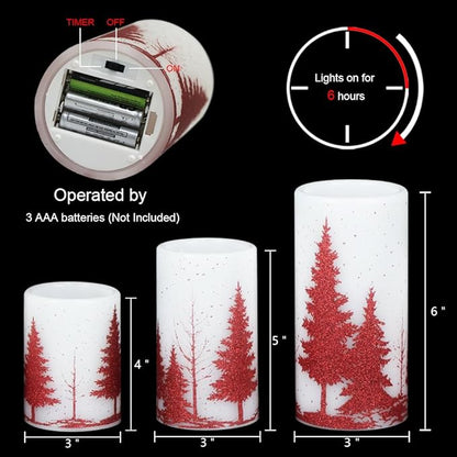 Christmas Tree Flameless Flickering Candles Battery Operated with 6H Timer, 3 Pack Real Wax Warm Light LED Pillar Candles Dinner Tabletop Holiday Centerpiece Decor 3" x 6"