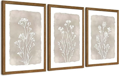 JLTULT 3 Piece Boho Beige Floral Wall Art, Minimalist Line Botanical Flower Wall Decor, Vintage Rustic Wildflower Art Prints for Living Room Bedroom Office Farmhouse decoration 20x30 in Ready to Hang