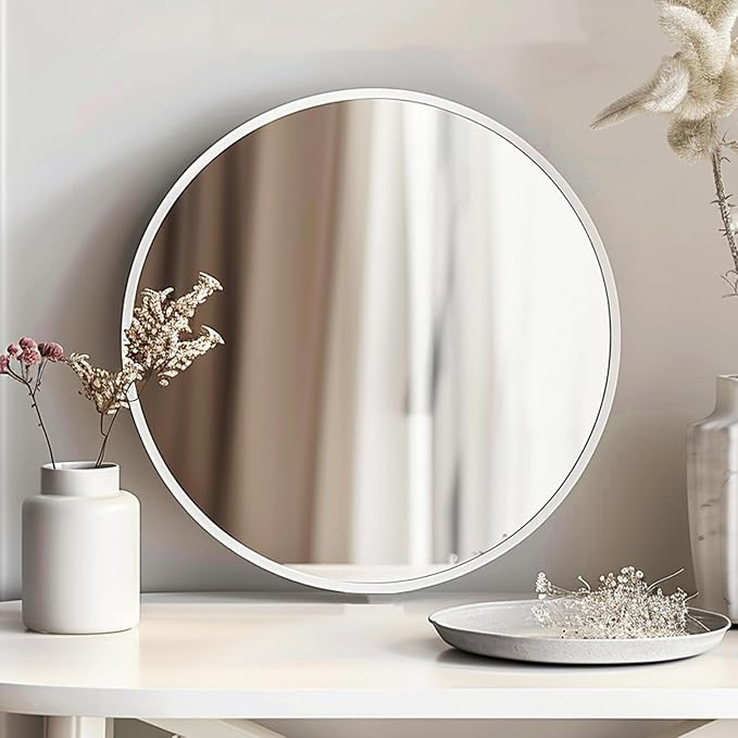 White Round Mirror 18 inch, White Circle Mirror, Bathroom Mirror, Round Wall Mirrors for Living Room, Bathroom, Hallway.