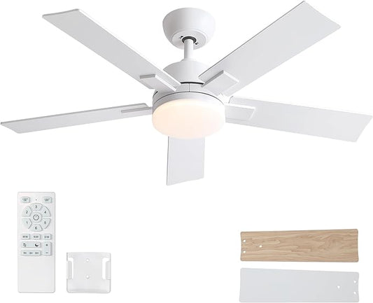 Rayqueen 42 Inch Ceiling Fans with Lights and Remote, 6 Speed Reversible DC Motor, 3CCT Dimmable LED, 5 Blades, White Modern Ceiling Fan for Bedroom, Living Room & Covered Outdoor, Includes Downrod