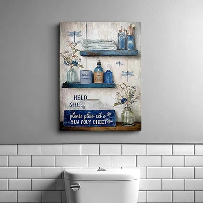 Navy Blue Bathroom Decor Wall Art Rustic Blue Bathroom Canvas Wall Decor Please Seat Yourself Sign Print Painting Vintage Aesthetic Picture Artwork Decor 12x16 Inches