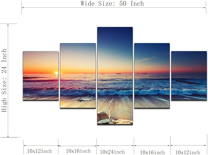 Beautiful 5 Piece Sunset Beach Waves Landscape Artwork Pictures Painting on Canvas Wall Art for Living Room Prints and Posters for Home Decorations Wall Decor Set Framed (50’’W x 24’’H)