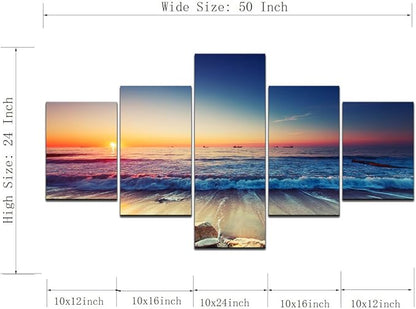 Beautiful 5 Piece Sunset Beach Waves Landscape Artwork Pictures Painting on Canvas Wall Art for Living Room Prints and Posters for Home Decorations Wall Decor Set Framed (50’’W x 24’’H)