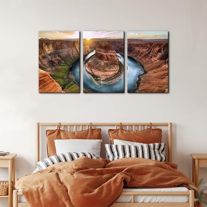 Pacimo 3 Piece Canvas Wall Art - Sunset Moment at Horseshoe Bend Colorado River Grand Canyon National Park Arizona Landscape Modern Home Art Decor Stretched and Framed Ready to Hang - 16"x24"x3 Panel