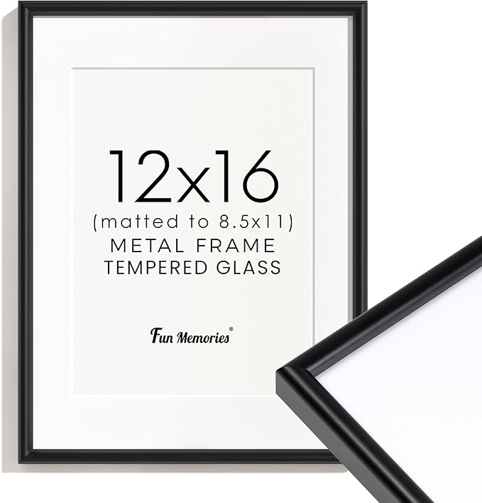 Fun Memories 12x16 Picture Frame Black, Aluminum Picture Frames 12"x16", 12x16 Picture Frame with Mat for 8.5x11, 12 by 16 Frame Real Glass, 12 x 16 Metal Frame for Home Decor